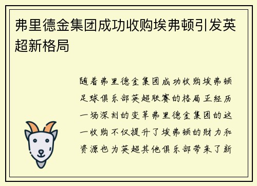 弗里德金集团成功收购埃弗顿引发英超新格局