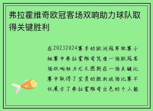 弗拉霍维奇欧冠客场双响助力球队取得关键胜利